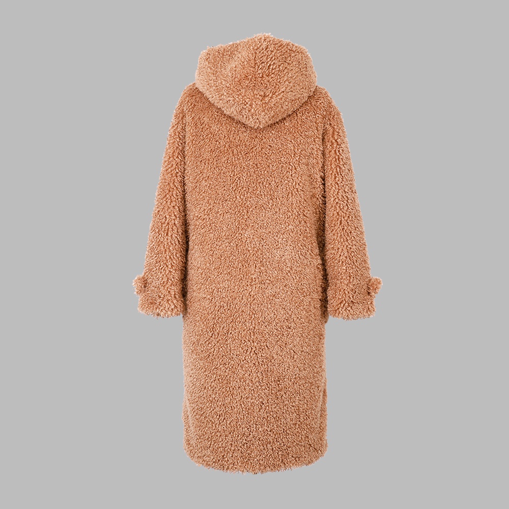 人造毛帶帽長款外套