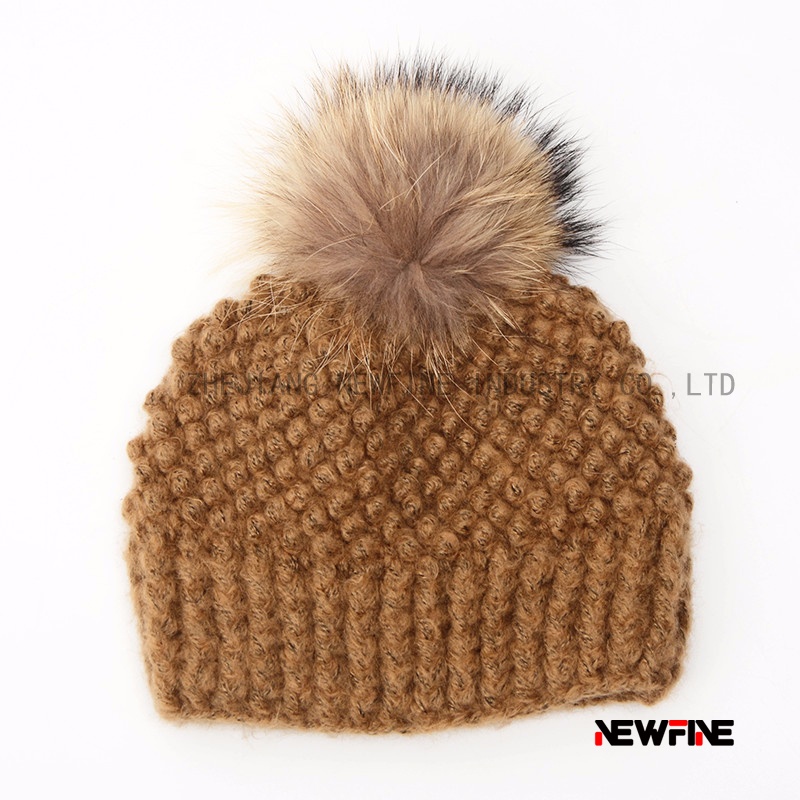 粗針織真貉子毛球柔軟保暖女士針織帽